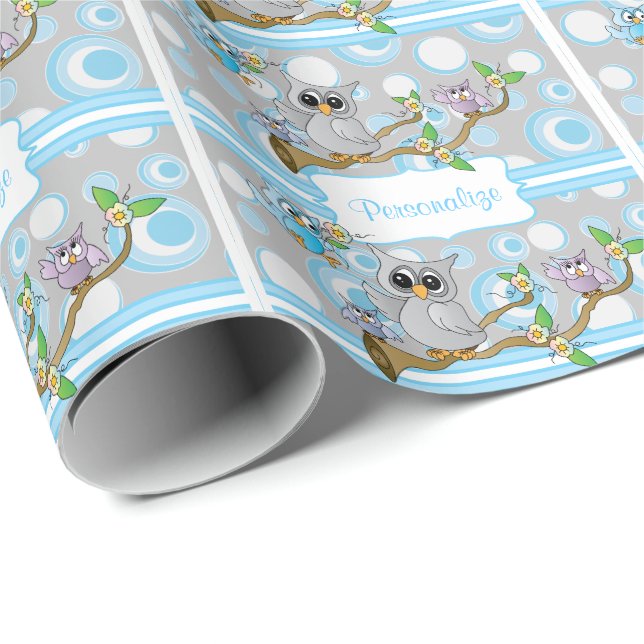 Blue and Gray Baby Owl | Shower Theme Wrapping Paper (Roll Corner)