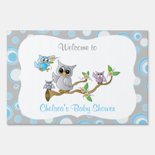 Blue and Gray Baby Owl Shower Theme Yard Sign