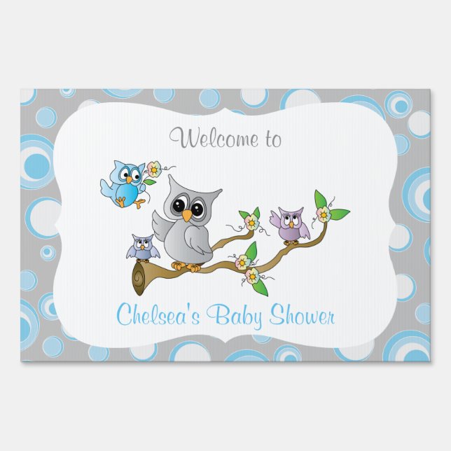 Blue and Gray Baby Owl | Shower Theme Yard Sign (Front)