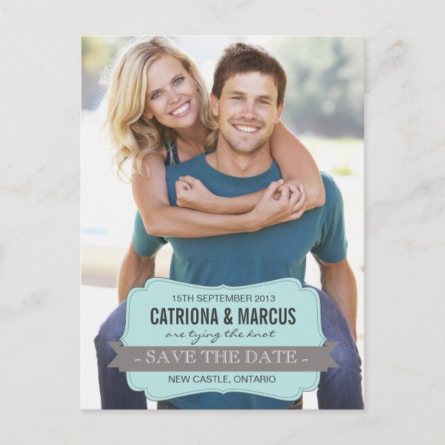Blue and Gray Banner Modern Save the Date Postcard (Front)