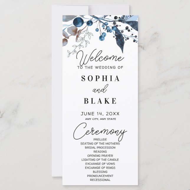 Blue and Gray Berries & Greenery Wedding Program (Front)