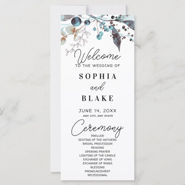 Blue and Gray Berries & Greenery Wedding Program (Front)