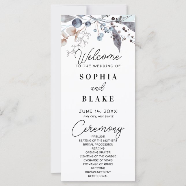 Blue and Gray Berries & Greenery Wedding Program (Front)