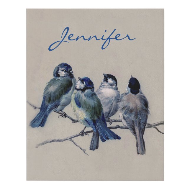 Blue and Gray Birds on a Branch Custom Name Faux Canvas Print (Front)