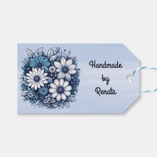 Blue and Gray Bouquet on Blue Background Gift Tags
