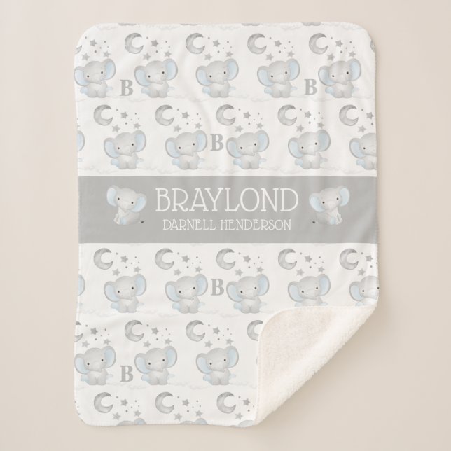 Blue and Gray Boy Elephant Baby Name Sherpa Blanket (Front)