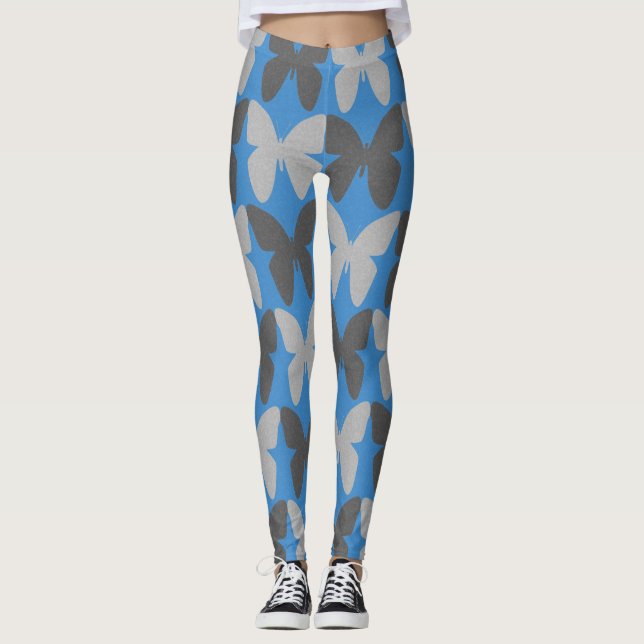 Blue and gray butterfly pattern leggings (Front)