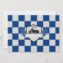 Blue and gray checker and motorcycle