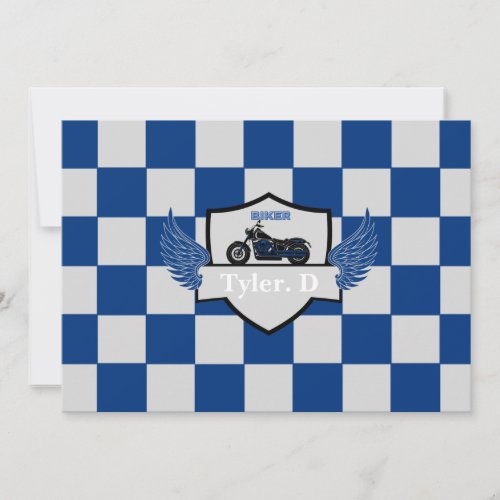 Blue and gray checker and motorcycle announcement