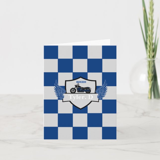Blue and gray checker motorcycle baby announceme announcement (Front)