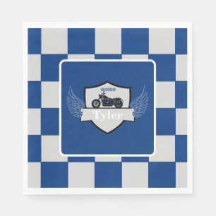 Blue and gray checkered and motorcycle napkins