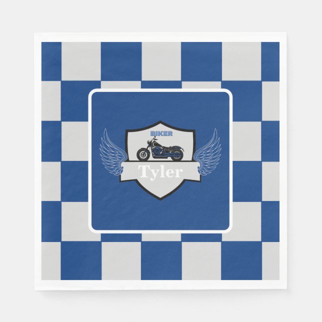 Blue and gray checkered and motorcycle napkins (Front)