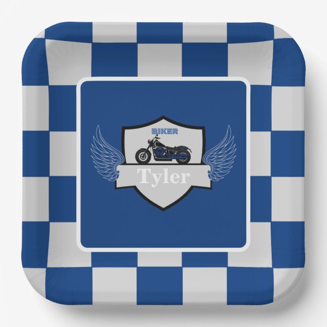 Blue and gray checkered and motorcycle paper plates (Front)
