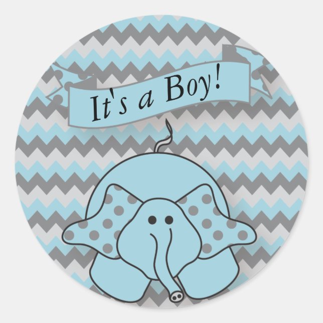 Blue and Gray Chevron Baby Elephant Classic Round Sticker (Front)