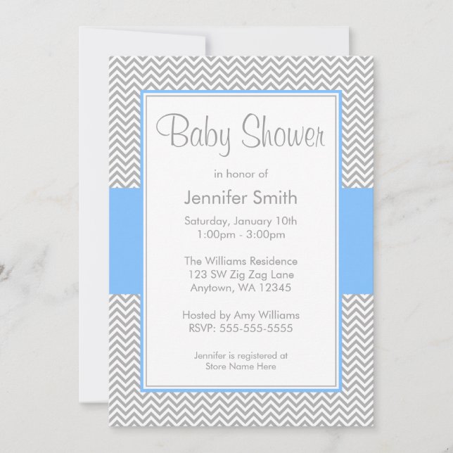 Blue and Gray Chevron Baby Shower Invitations (Front)