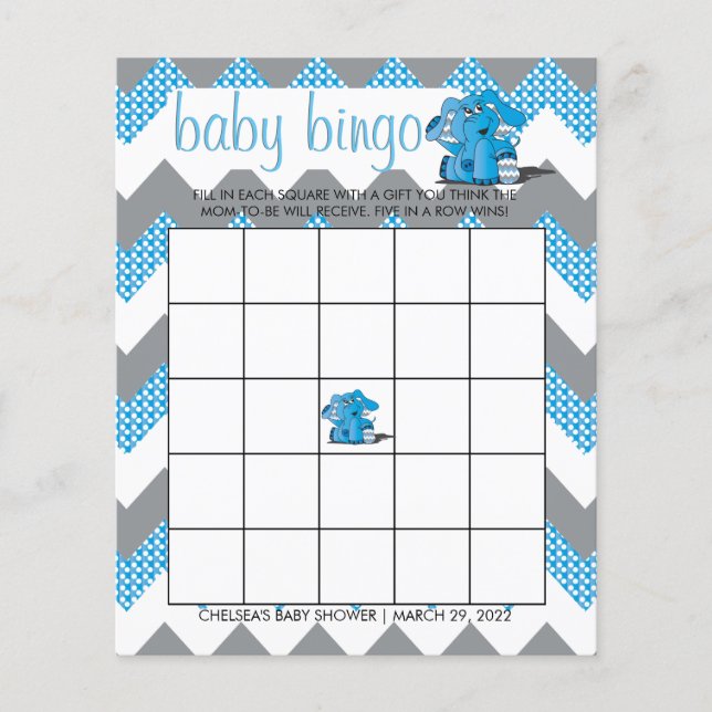 Blue and Gray Chevron Elephant Baby Shower Bingo Flyer (Front)