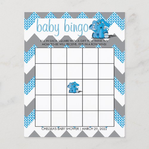 Blue and Gray Chevron Elephant Baby Shower Bingo Flyer