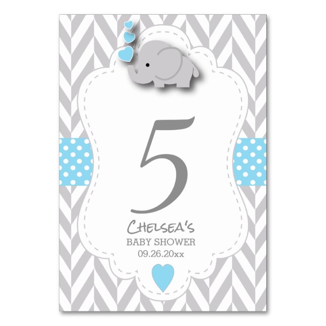 Blue and Gray Chevron Elephant - Table Card (Front)