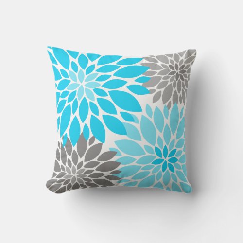 Blue and Gray Chrysanthemums Floral Pattern Throw Pillow