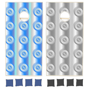 Blue and gray circular pattern cornhole set