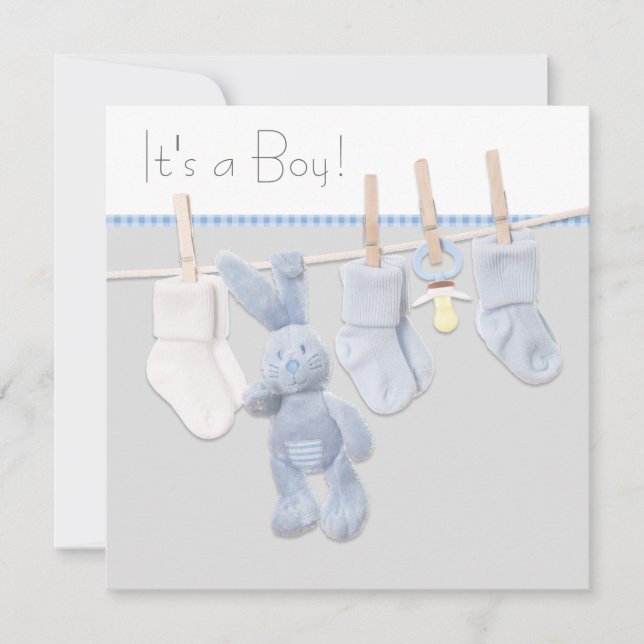 Blue and Gray Clothesline Baby Shower Invitation (Front)