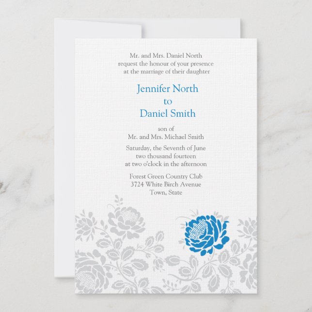 Blue And Gray Damask Wedding Invitations (Front)