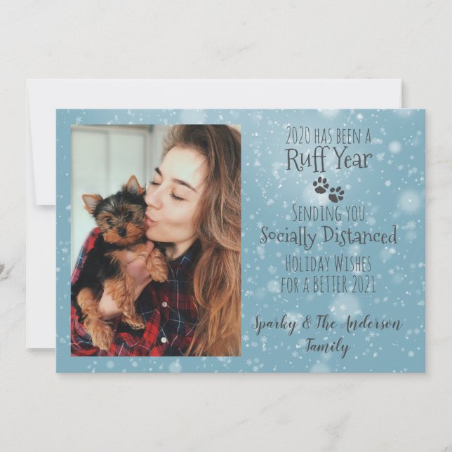 Blue and Gray, Dog Paw Prints Ruff Year Holiday (Front)