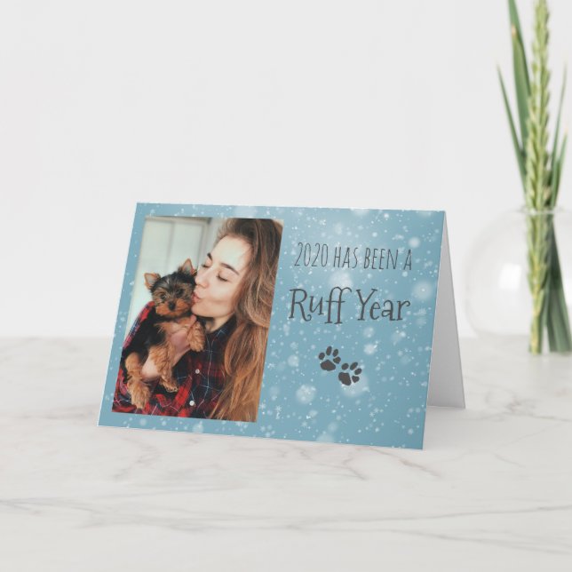 Blue and Gray, Dog Paw Prints Ruff Year Holiday Card (Front)