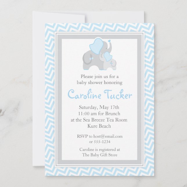 Blue and Gray Elephant Baby Boy Shower Chevron Invitation (Front)