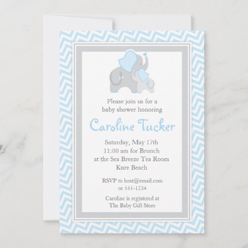 Blue and Gray Elephant Baby Boy Shower Chevron Invitation