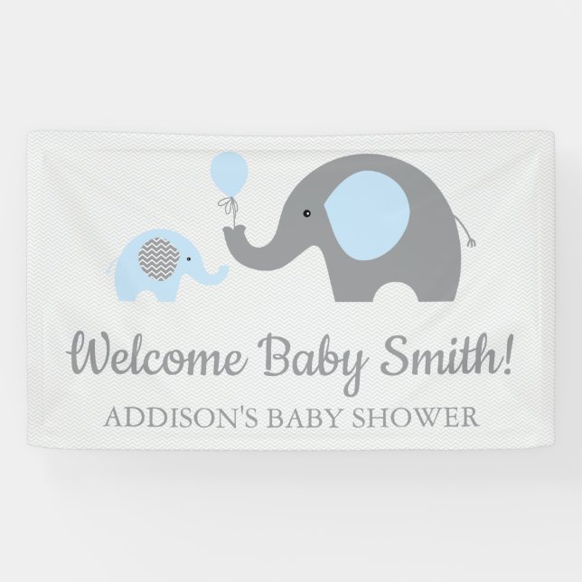 Blue and Gray Elephant Baby Shower Banner Poster (Horizontal)