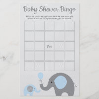 Blue and Gray Elephant Baby Shower Bingo Game Card Flyer