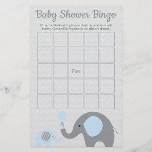 Blue and Gray Elephant Baby Shower Bingo Game Card Flyer