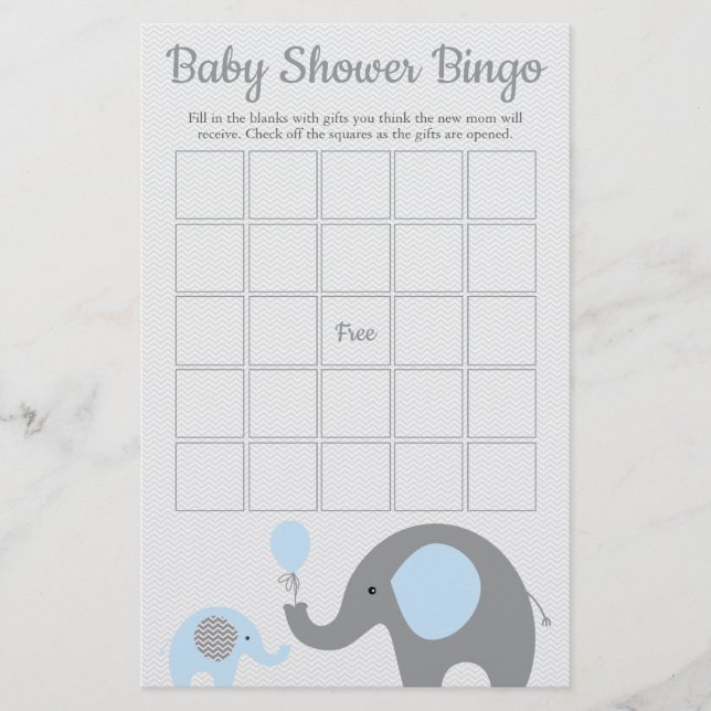 Blue and Gray Elephant Baby Shower Bingo Game Card Flyer (Front)