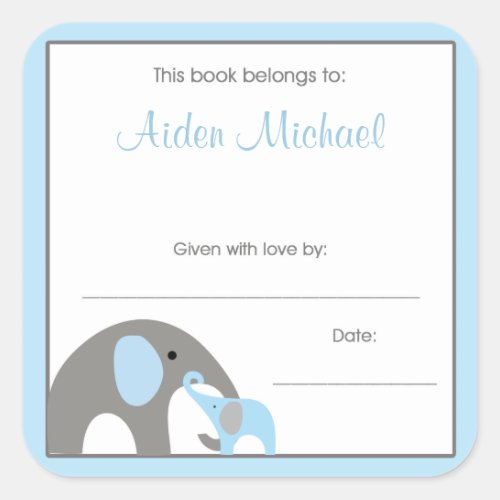 Blue and Gray Elephant Baby Shower Book Plate