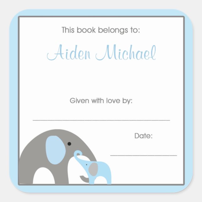 Blue and Gray Elephant Baby Shower Book Plate (Front)