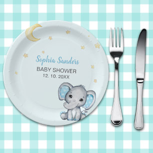 Blue and Gray Elephant Baby Shower boy Paper Plates