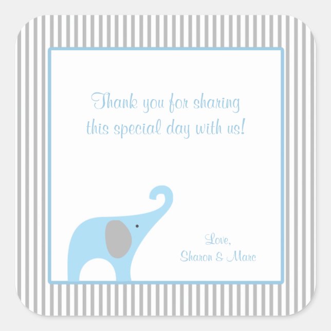 Blue and Gray Elephant Baby Shower Favor Treat Square Sticker (Front)