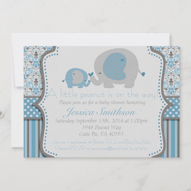 Blue and Gray Elephant Baby Shower Invitation (Front)