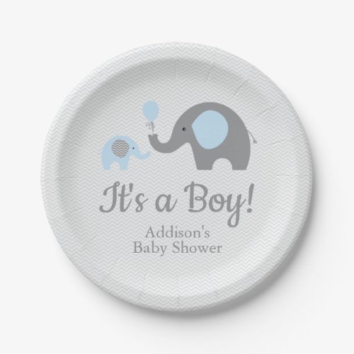 Blue and Gray Elephant Baby Shower Paper Plates