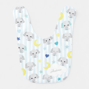 Blue and Gray Elephant Pattern Baby Boy Striped Baby Bib