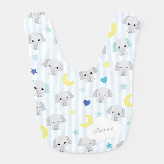 Blue and Gray Elephant Pattern Baby Boy Striped Bib (Front)