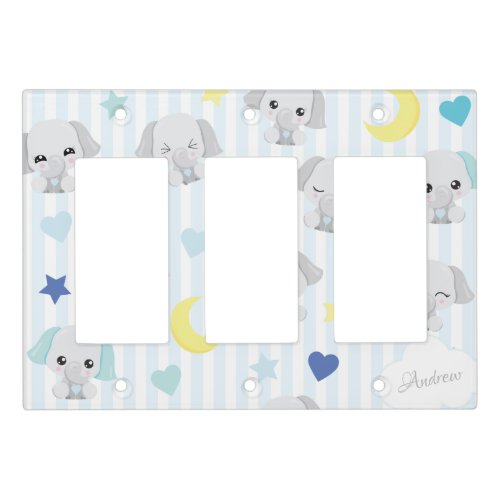 Blue and Gray Elephant Pattern Baby Boy Striped Light Switch Cover