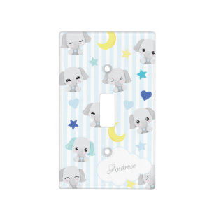 Blue and Gray Elephant Pattern Baby Boy Striped Light Switch Cover