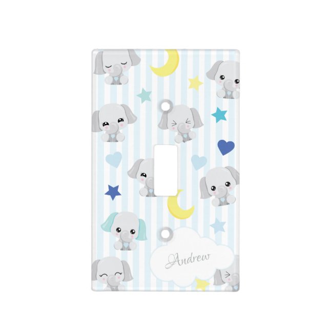 Blue and Gray Elephant Pattern Baby Boy Striped Light Switch Cover (Front)