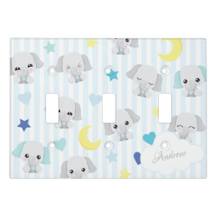 Blue and Gray Elephant Pattern Baby Boy Striped Light Switch Cover