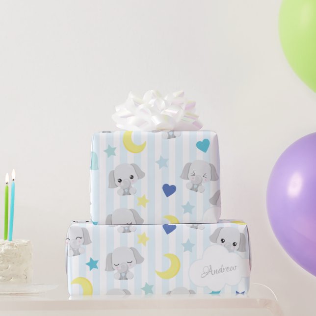 Blue and Gray Elephant Pattern Baby Boy Striped Wrapping Paper (Party Gifts)