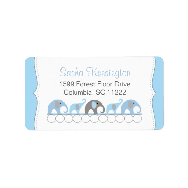 Blue and Gray Elephants Baby Boy Shower Label (Front)
