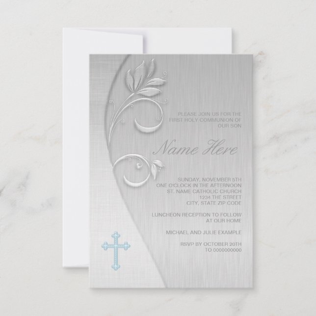 Blue and Gray First Communion Invitation (Front)