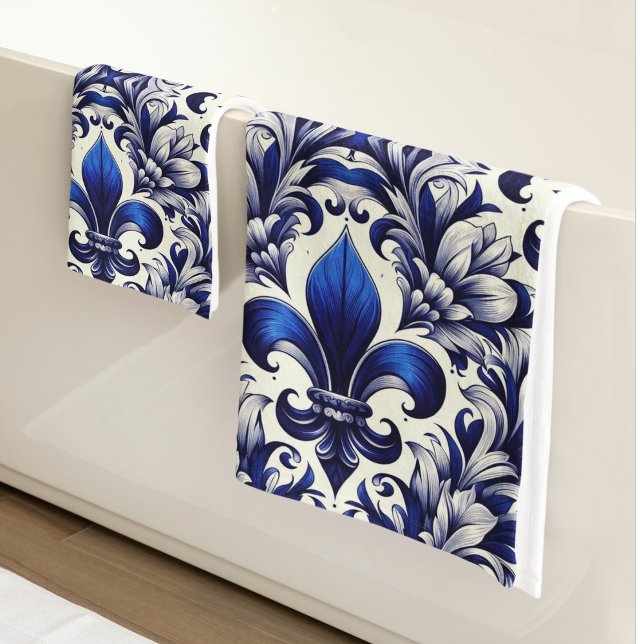 Blue and Gray Fleur de lis  Bath Towel Set (Creator Uploaded)